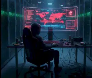 Dépannage informatique de PC infecté à domicile Pirate informatique de dos devant son écran immense sous fond bleuté sombre