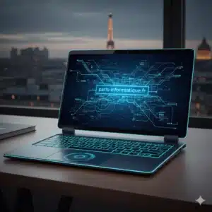 Ordinateur portable avec un fond bleu posé sur table On voit un morceau de Paris par la fenêtre. Une partie de la Tour Eiffel